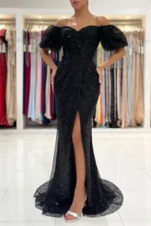 Black Glitter Evening Dresses Prom dresses with sleeves