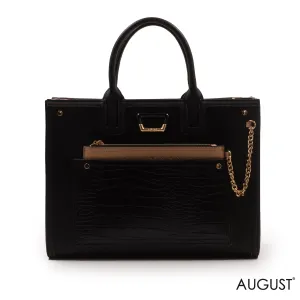 BLACK LEATHER CROC HANDBAG WITH METAL CHAIN-LARGE