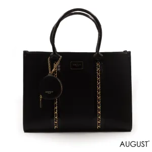 BLACK LEATHER EMILY LORAN HANDBAG WITH CHAIN DETAIL -LARGE