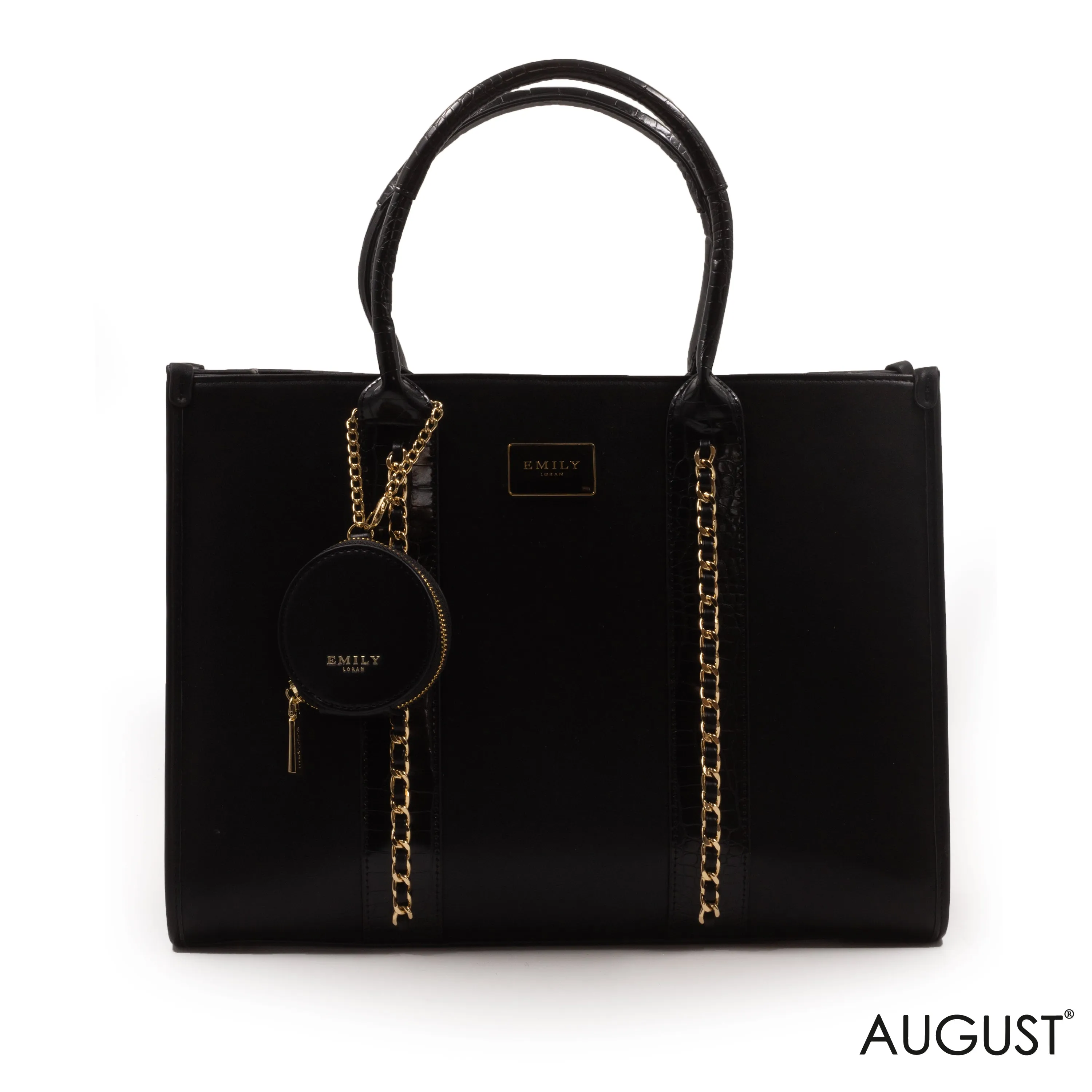 BLACK LEATHER EMILY LORAN HANDBAG WITH CHAIN DETAIL -LARGE