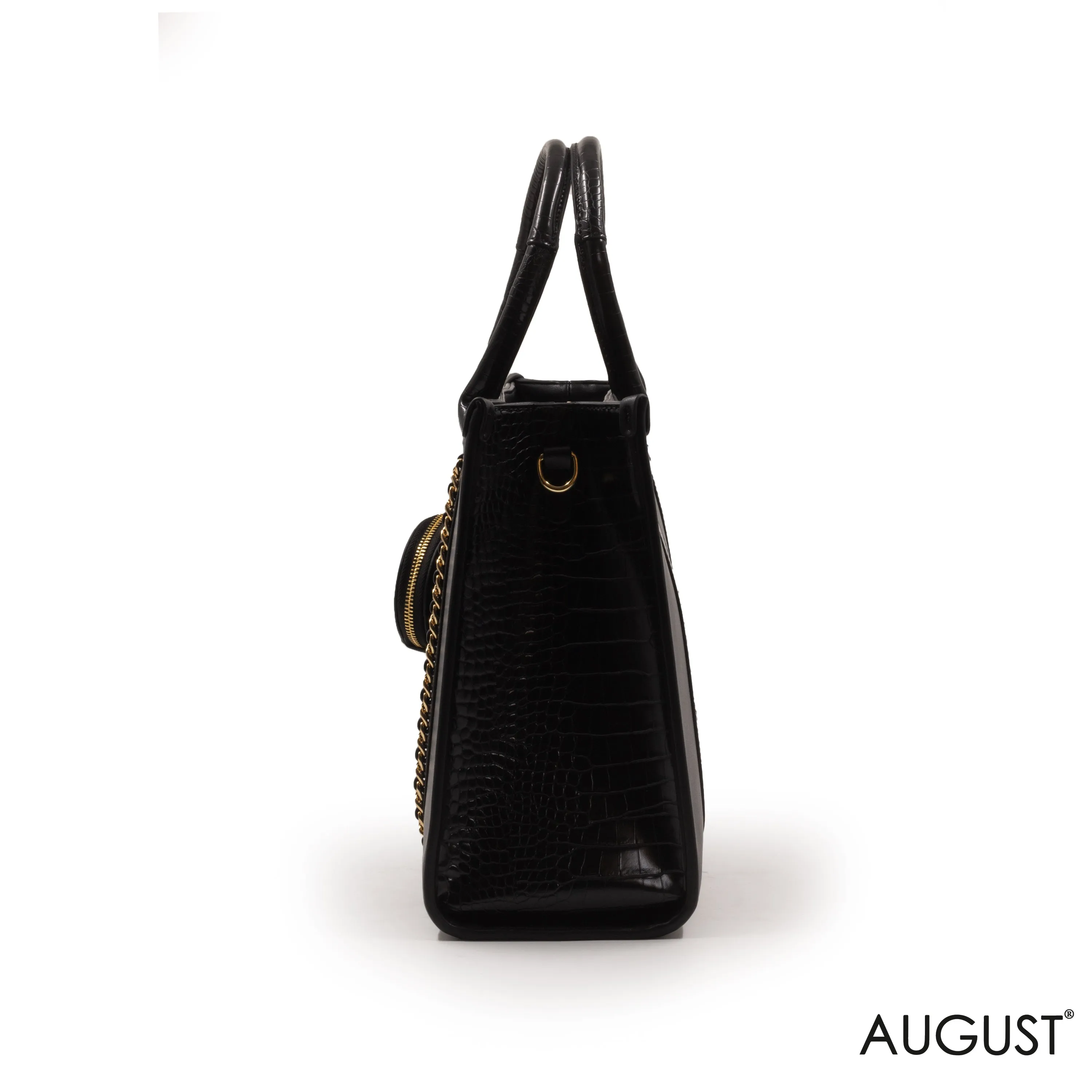 BLACK LEATHER EMILY LORAN HANDBAG WITH CHAIN DETAIL -LARGE