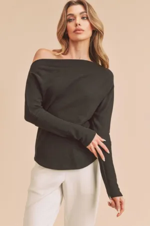 Black One Shoulder Long Sleeve Knit Top