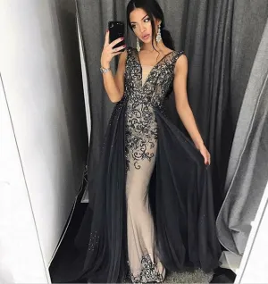 black prom dresses with detachable skirt luxury beaded v neck lace appliqué prom gown long