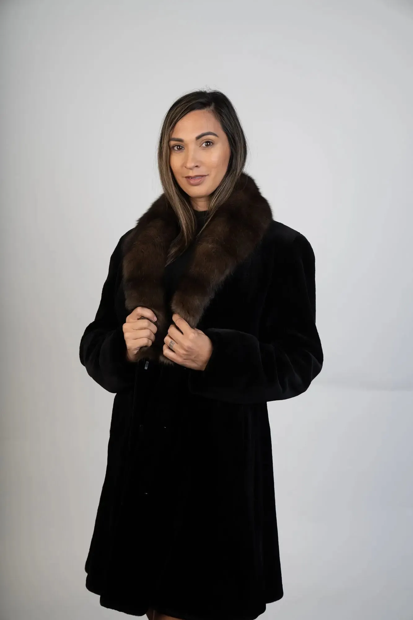 Black Sheared Mink Fit-N-Flare Stroller W/Sable Collar