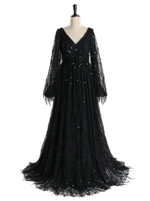 Black V Neck Sequins Elegant Long Sleeve Evening Dress Formal Party Gowns