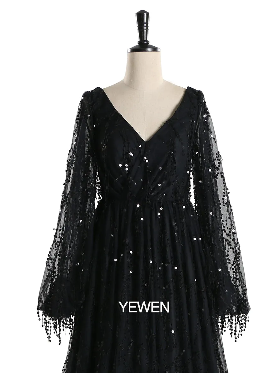 Black V Neck Sequins Elegant Long Sleeve Evening Dress Formal Party Gowns