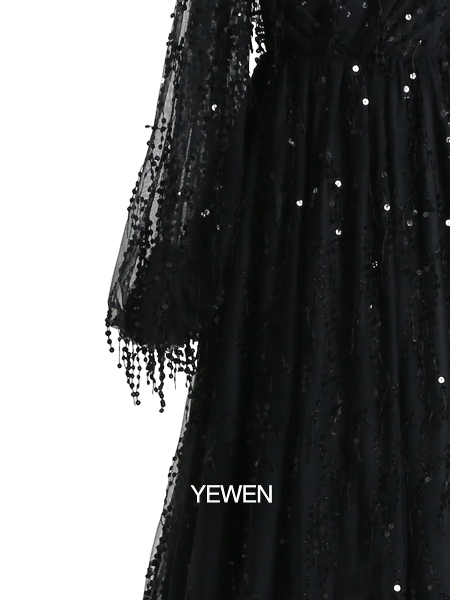 Black V Neck Sequins Elegant Long Sleeve Evening Dress Formal Party Gowns