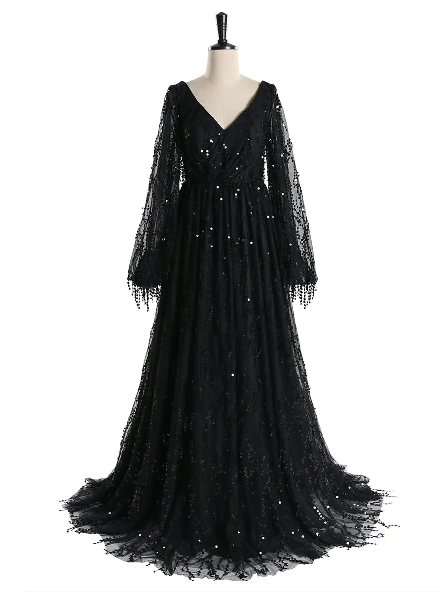 Black V Neck Sequins Elegant Long Sleeve Evening Dress Formal Party Gowns