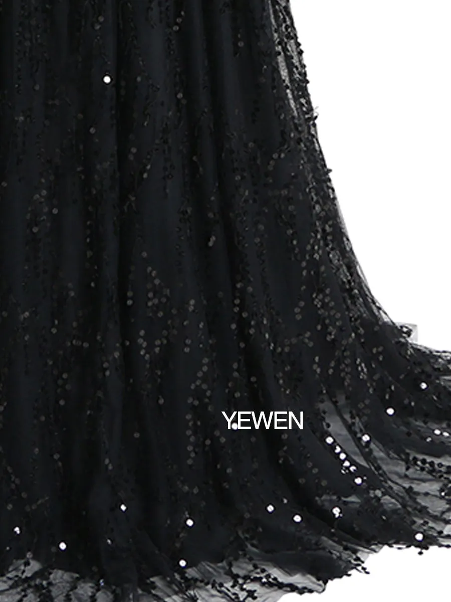 Black V Neck Sequins Elegant Long Sleeve Evening Dress Formal Party Gowns