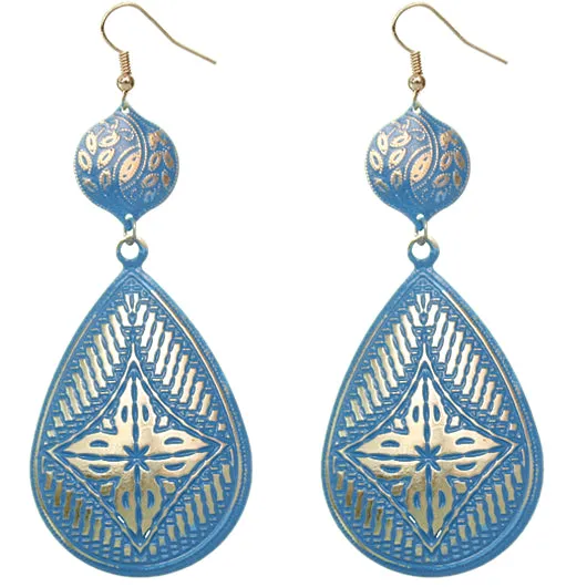 Blue Floral Teardrop Drop Earrings