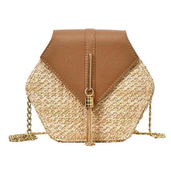 Bohemian Hexagon Straw & Leather Handbag