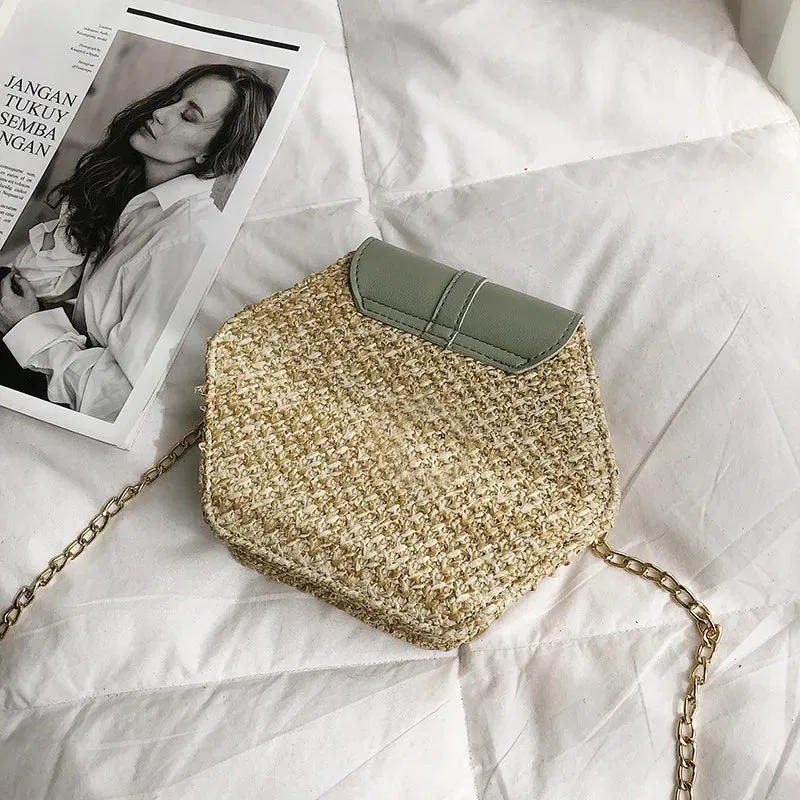 Bohemian Hexagon Straw & Leather Handbag