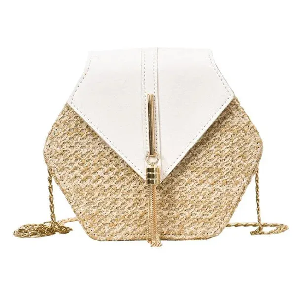 Bohemian Hexagon Straw & Leather Handbag