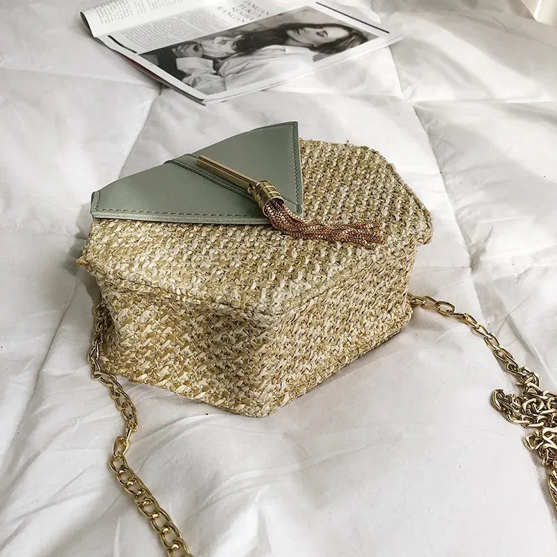 Bohemian Hexagon Straw & Leather Handbag
