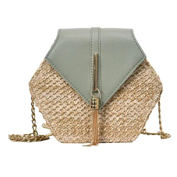 Bohemian Hexagon Straw & Leather Handbag