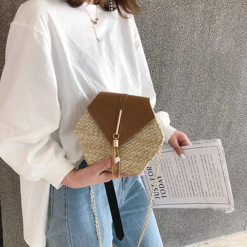 Bohemian Hexagon Straw & Leather Handbag