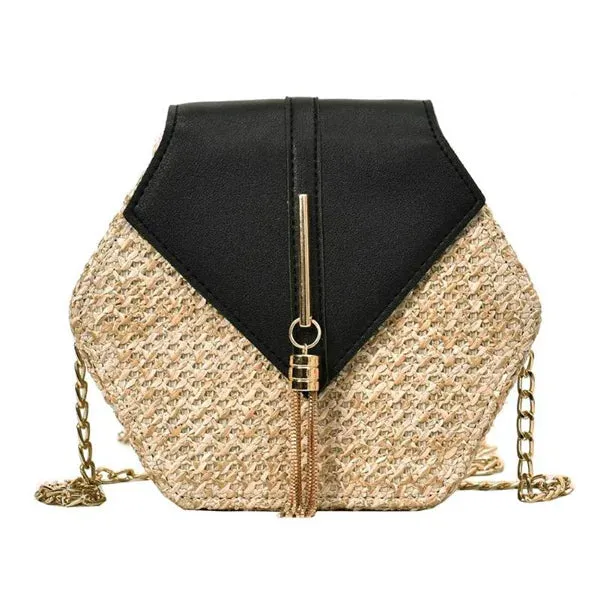 Bohemian Hexagon Straw & Leather Handbag