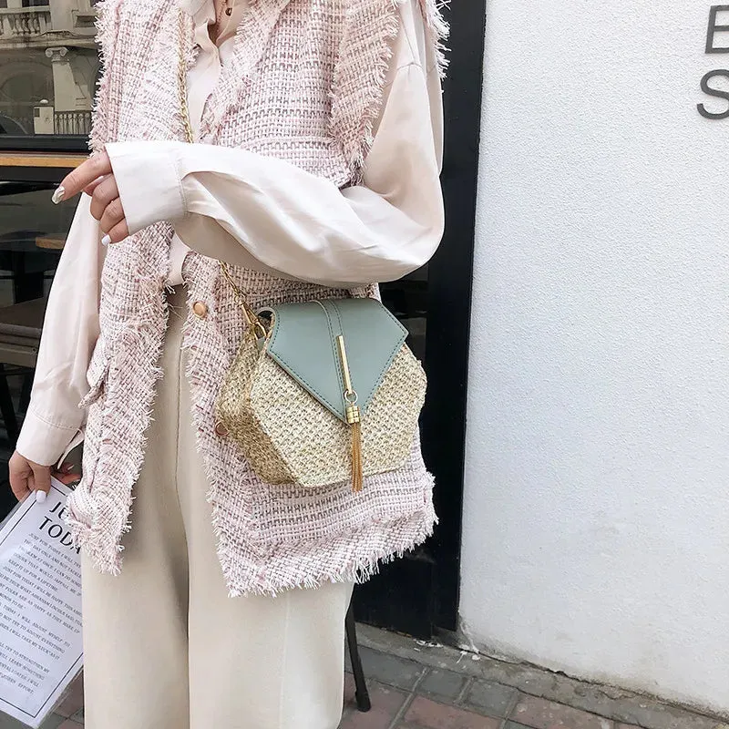 Bohemian Hexagon Straw & Leather Handbag