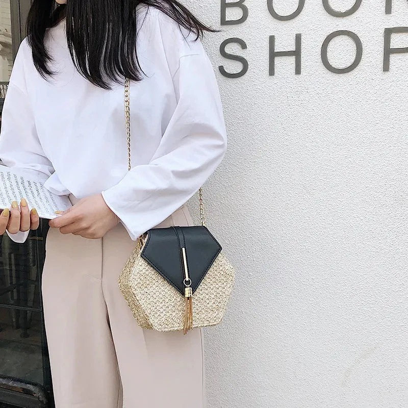 Bohemian Hexagon Straw & Leather Handbag