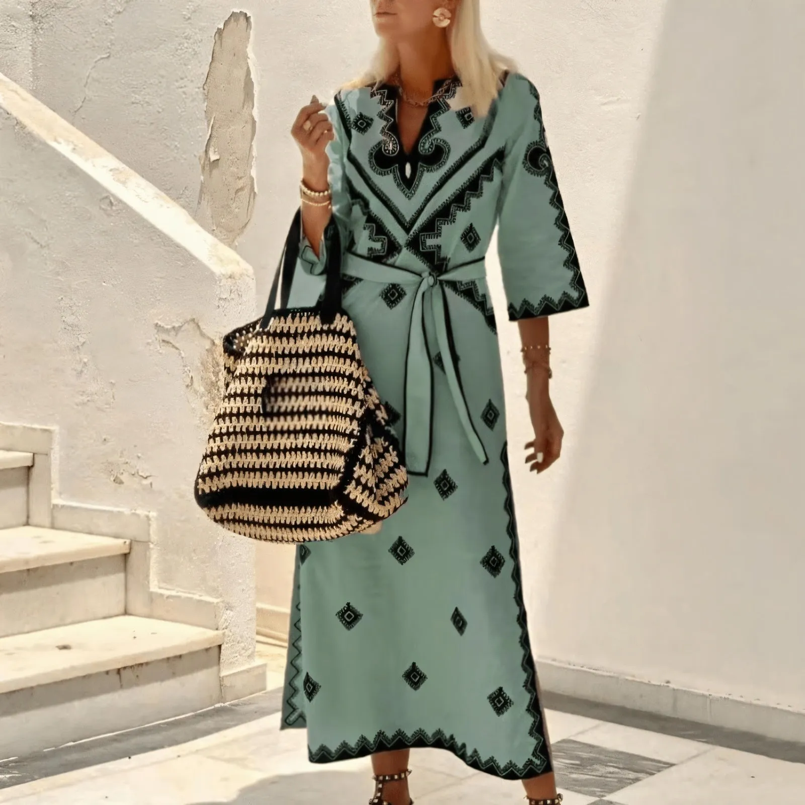 Bohemian Long Dress with Geometric Patterns