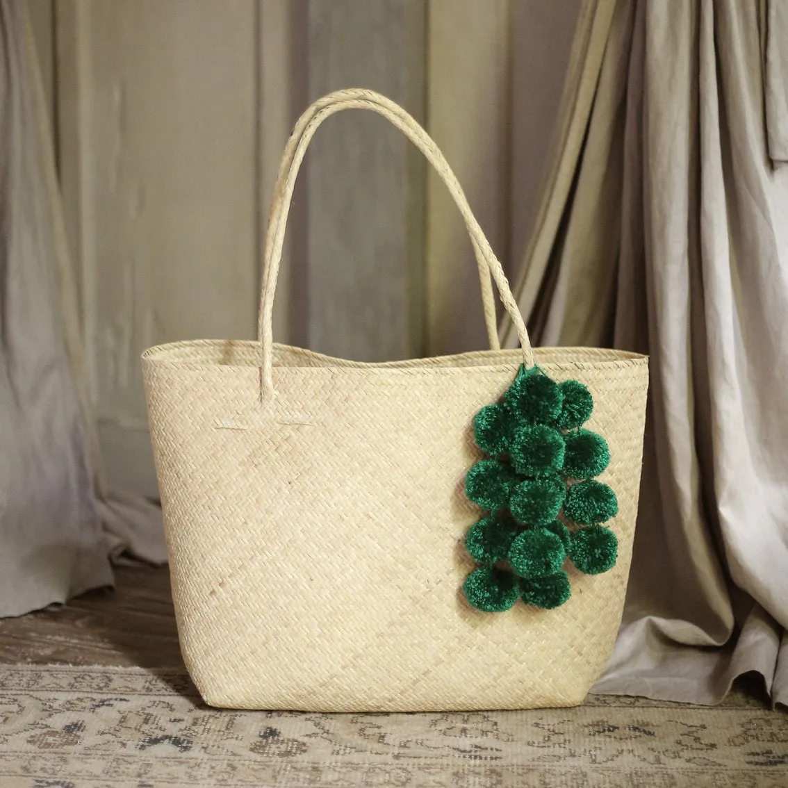 Borneo Sani Straw Tote Bag - with Emerald Green