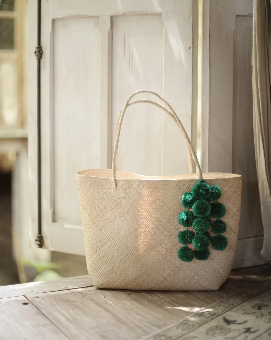 Borneo Sani Straw Tote Bag - with Emerald Green