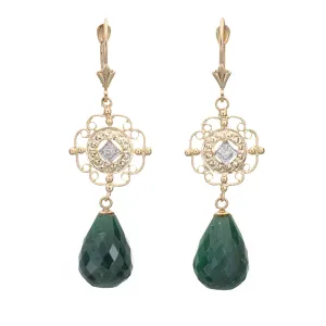Briolette Emerald Diamond Earrings Vintage 14k Yellow Gold Drops Estate Jewelry