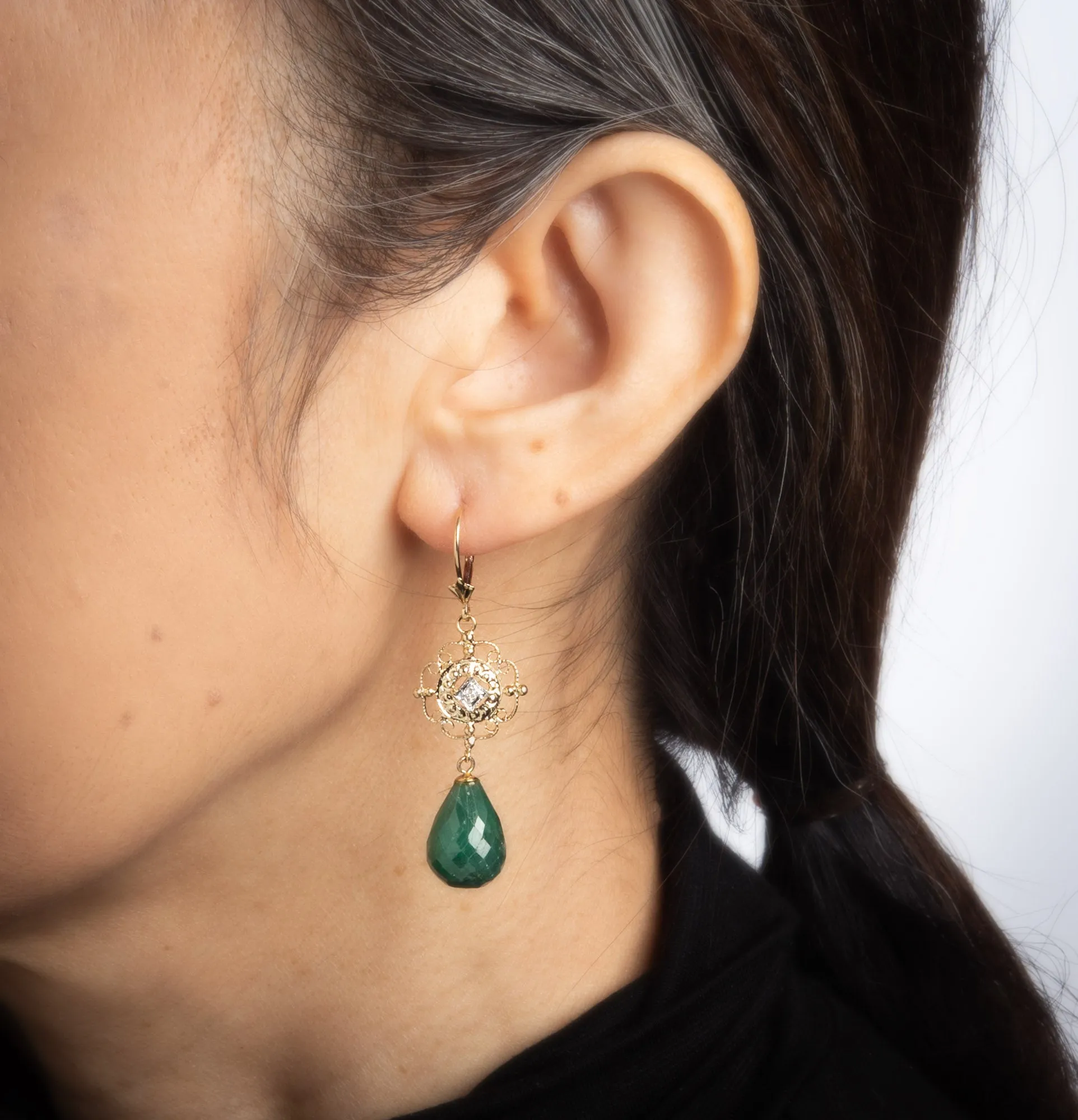 Briolette Emerald Diamond Earrings Vintage 14k Yellow Gold Drops Estate Jewelry