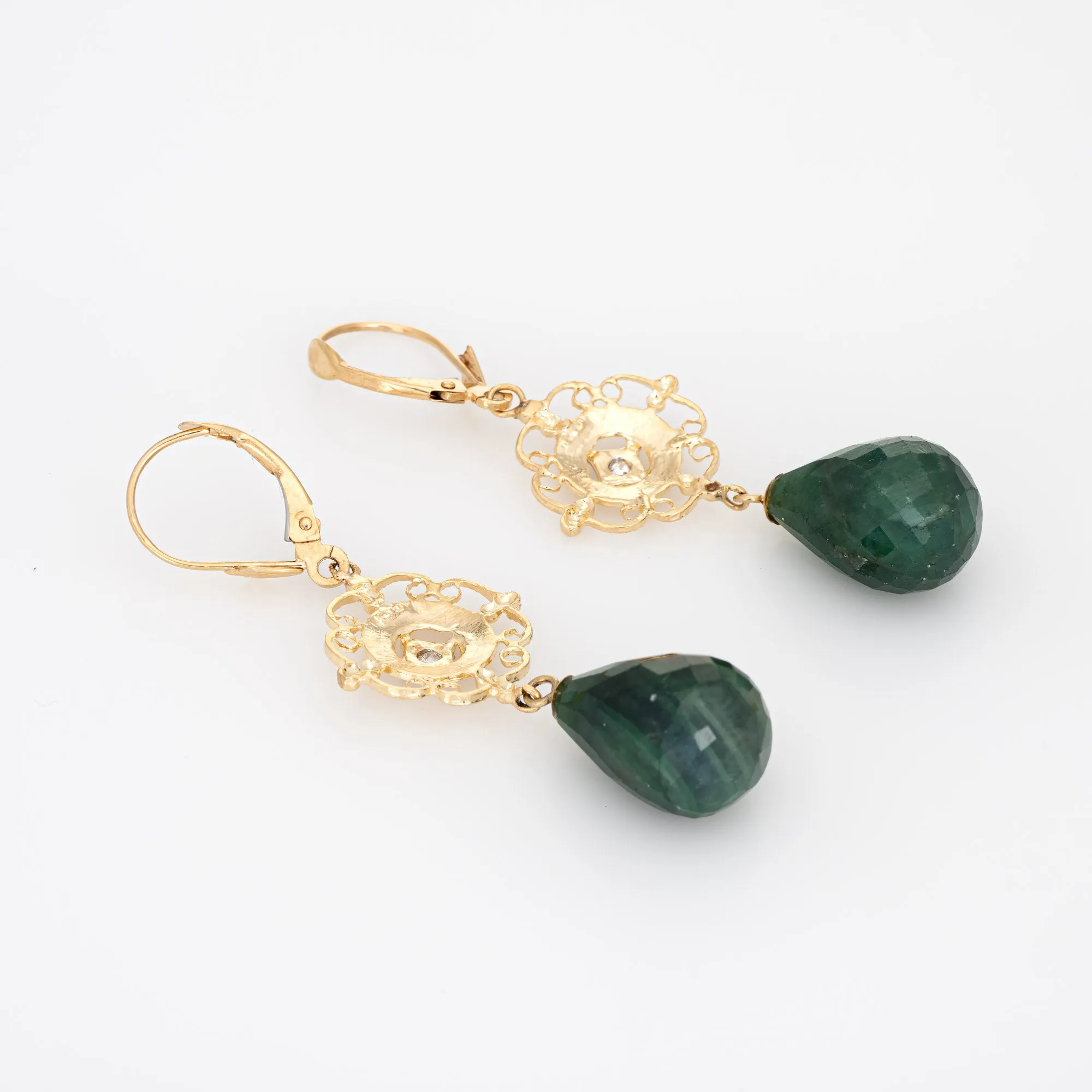 Briolette Emerald Diamond Earrings Vintage 14k Yellow Gold Drops Estate Jewelry