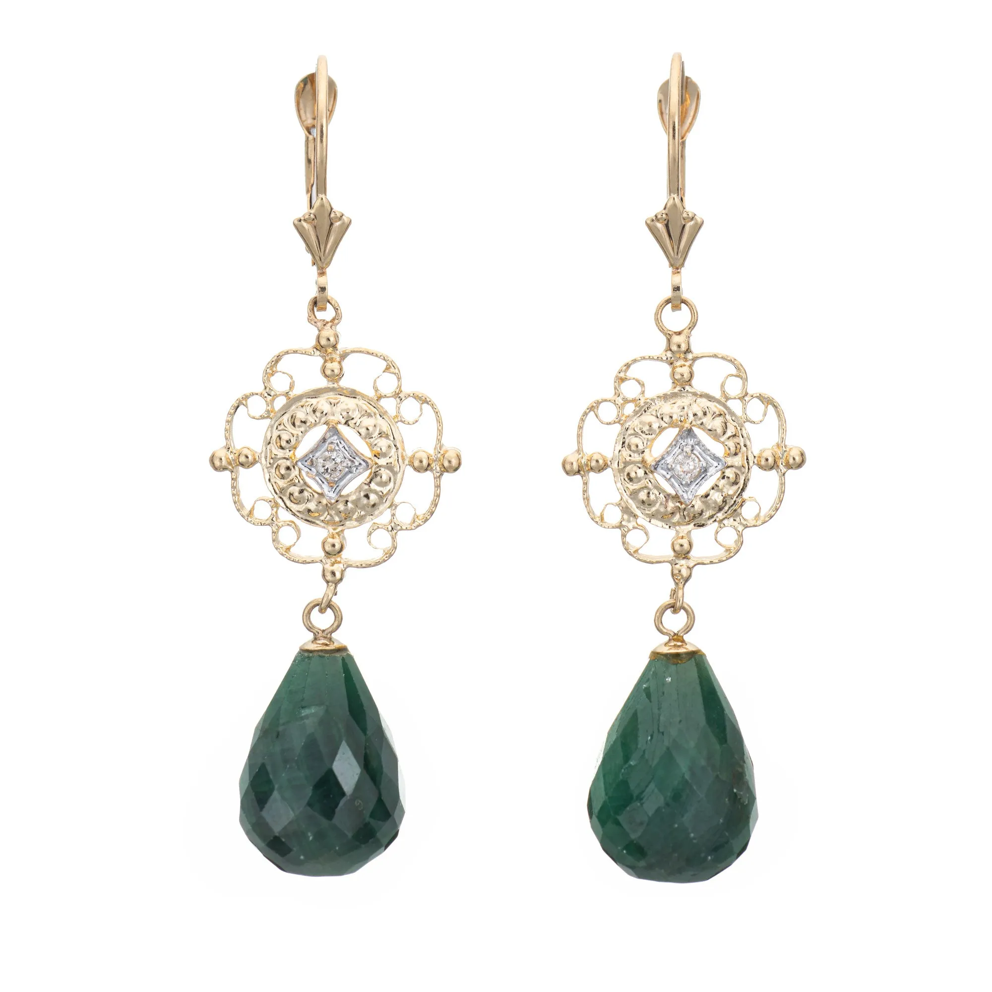 Briolette Emerald Diamond Earrings Vintage 14k Yellow Gold Drops Estate Jewelry