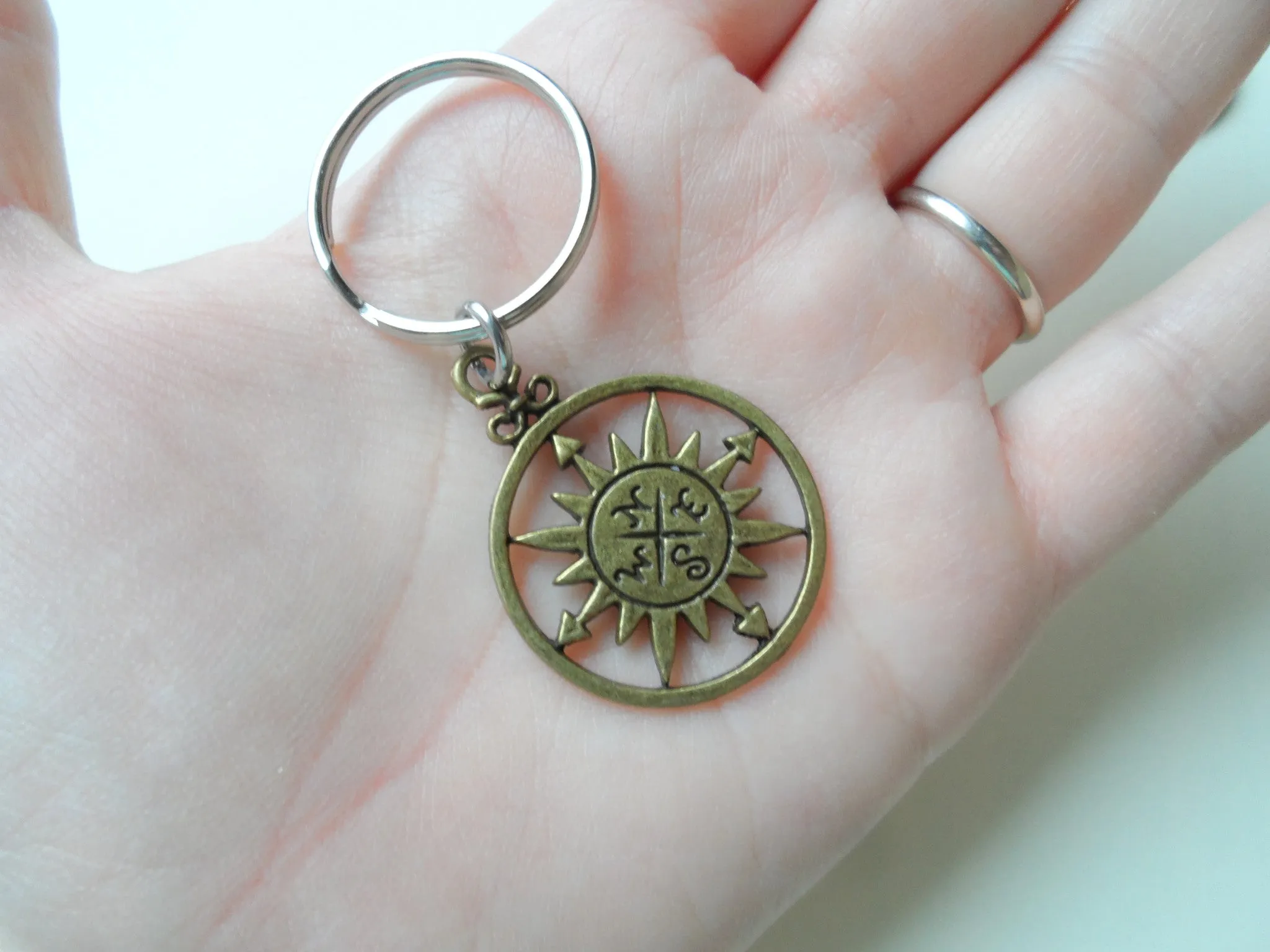 Bronze Sun Compass Keychain - I'd Be Lost Without You; Couples Keychain