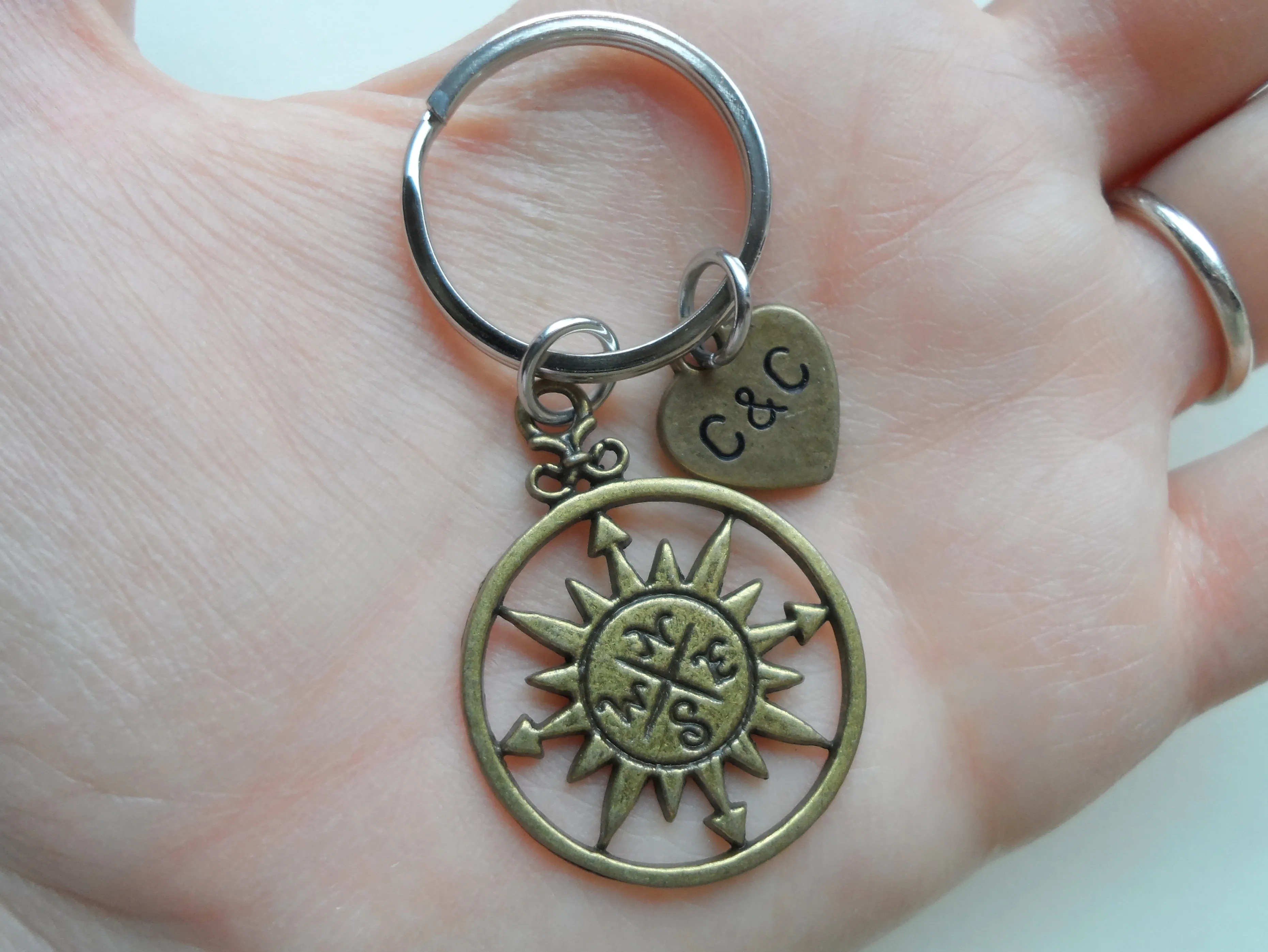 Bronze Sun Compass Keychain - I'd Be Lost Without You; Couples Keychain