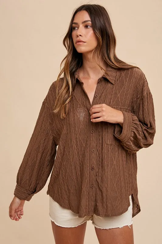 Brown Openwork Button Down Drop Shoulder Shirt