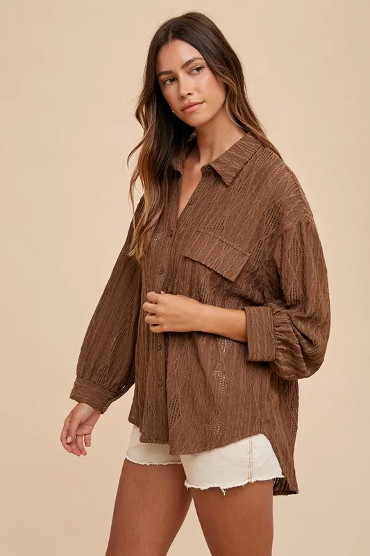 Brown Openwork Button Down Drop Shoulder Shirt
