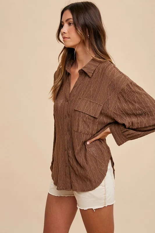 Brown Openwork Button Down Drop Shoulder Shirt