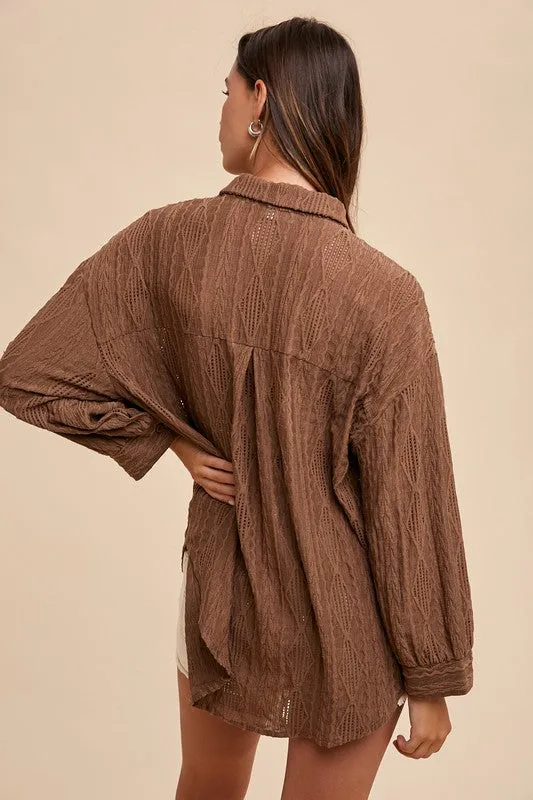 Brown Openwork Button Down Drop Shoulder Shirt