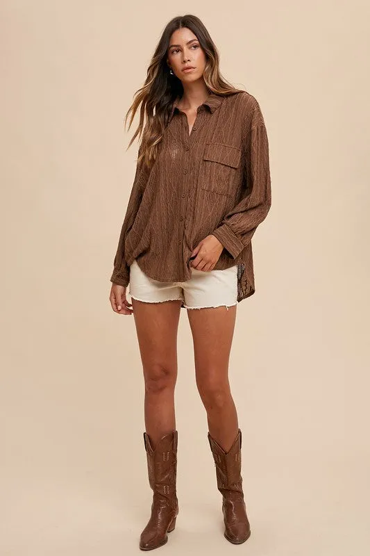 Brown Openwork Button Down Drop Shoulder Shirt