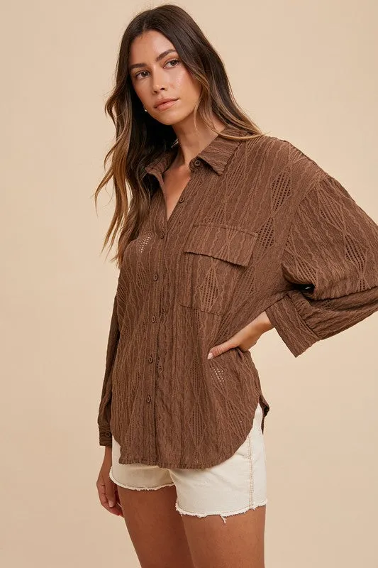 Brown Openwork Button Down Drop Shoulder Shirt