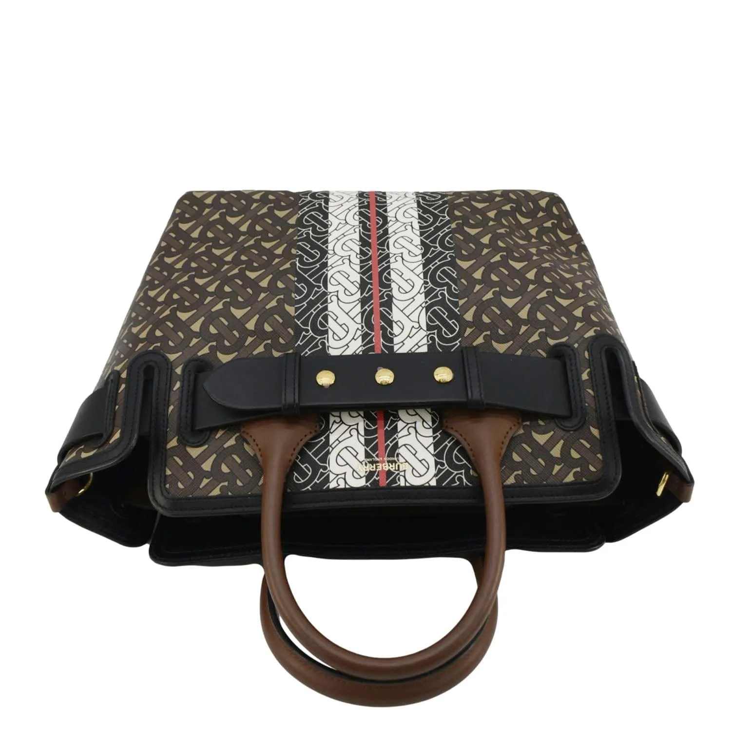 BURBERRY Belted Small Monogram Stripe E-Canvas Tote Shoulder Bag Brown