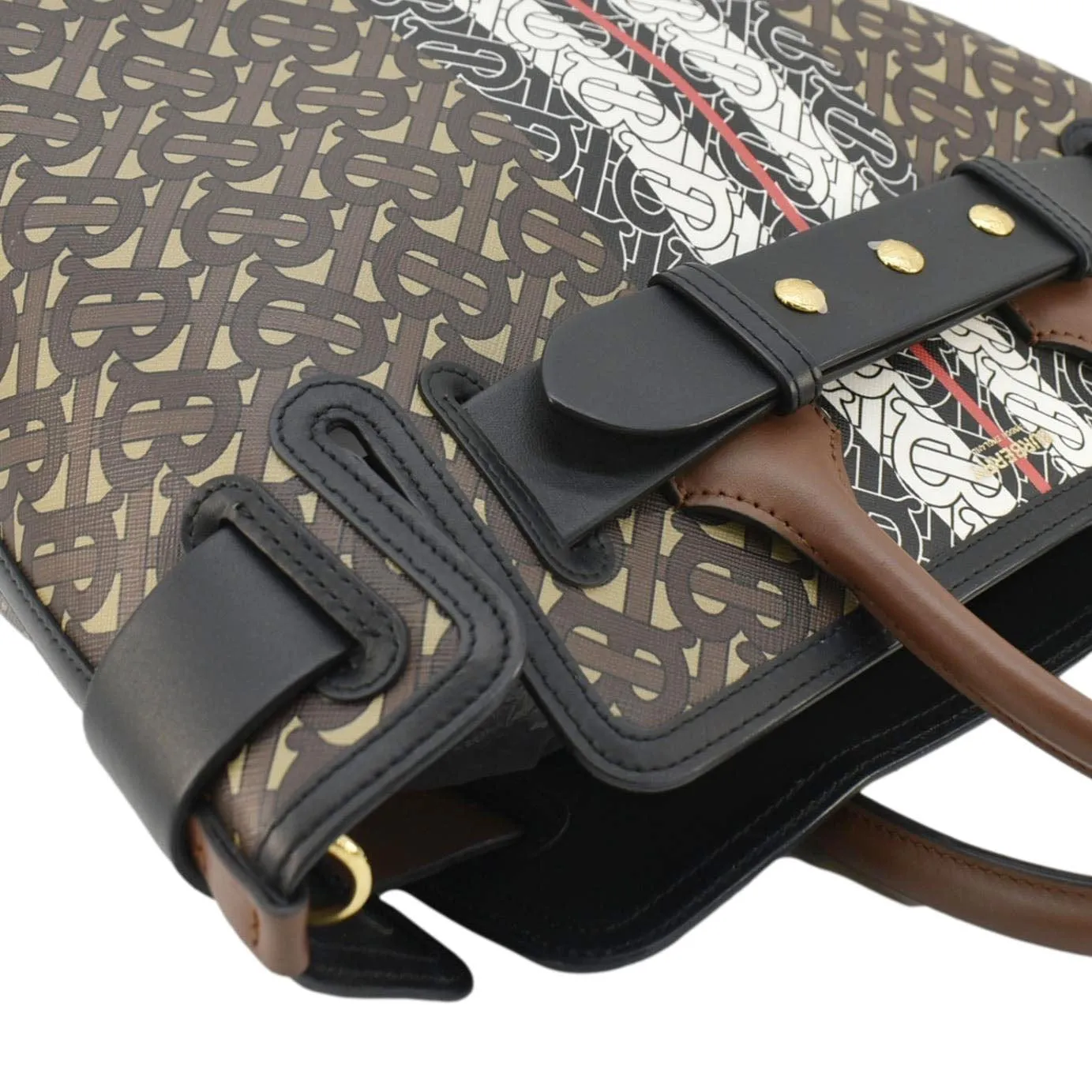 BURBERRY Belted Small Monogram Stripe E-Canvas Tote Shoulder Bag Brown