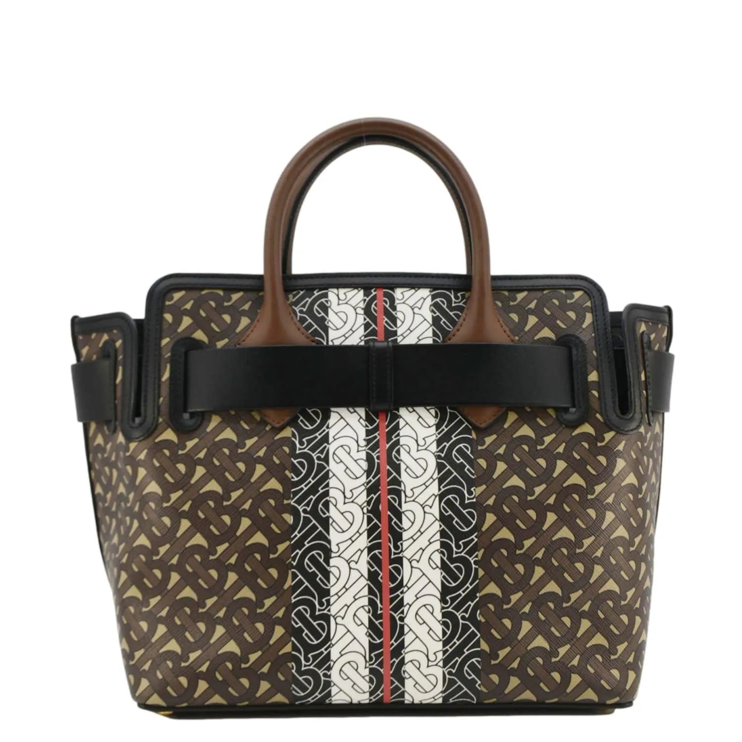 BURBERRY Belted Small Monogram Stripe E-Canvas Tote Shoulder Bag Brown