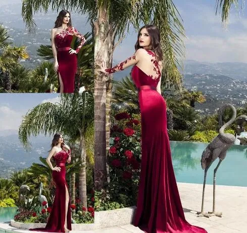burgundy evening dresses long one shoulder lace applique mermaid evening gowns vestidos de fiesta