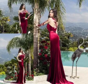 burgundy evening dresses long one shoulder lace applique mermaid evening gowns vestidos de fiesta