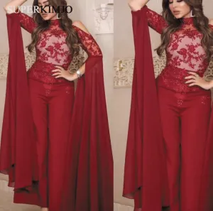 Burgundy jumpsuits for women 2020 lace appliqué elegant Dubai fashion pants for weddings