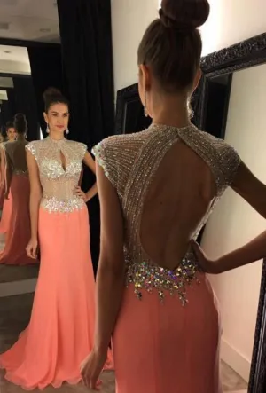 cap sleeve coral evening dresses long mermaid chiffon beaded crystals luxury evening gown vestido de longo
