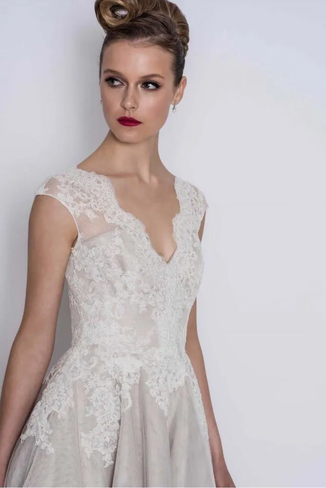 Cap sleeves V neck Princess Short Ankle length Wedding Dress
