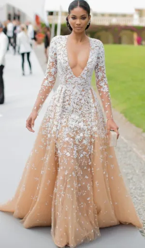 champagne lace applique evening dresses 2020 detachable skirt 3d flowers elegant v neck evening gown