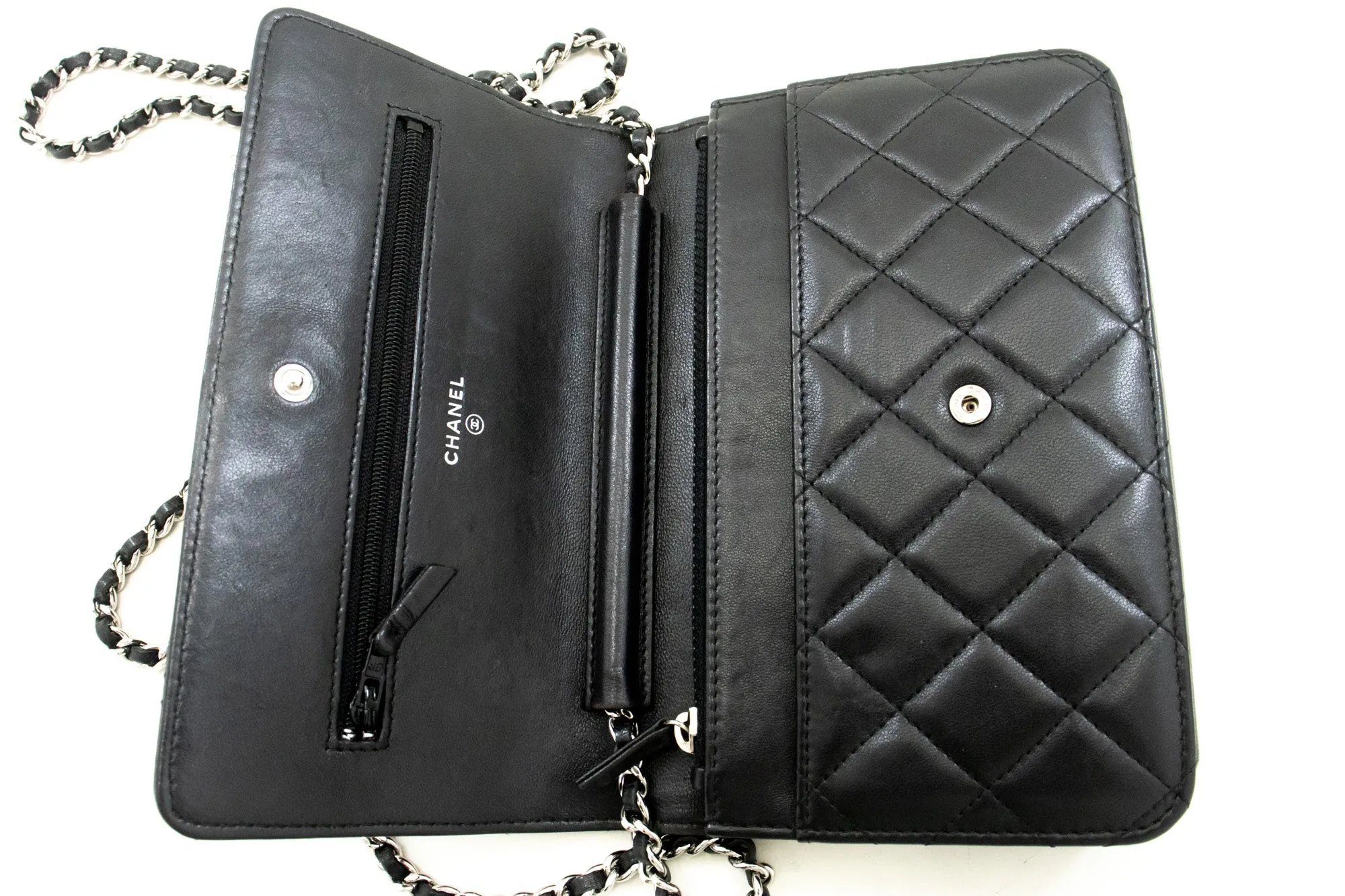 CHANEL Black Classic Wallet On Chain WOC Shoulder Bag Lambskin SV m93