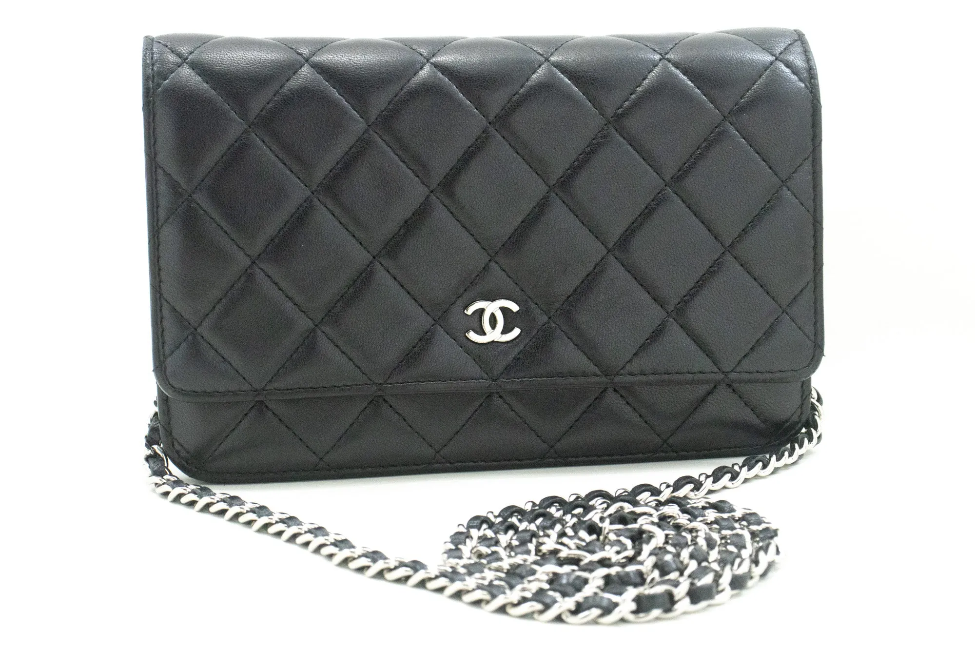 CHANEL Black Classic Wallet On Chain WOC Shoulder Bag Lambskin SV m93