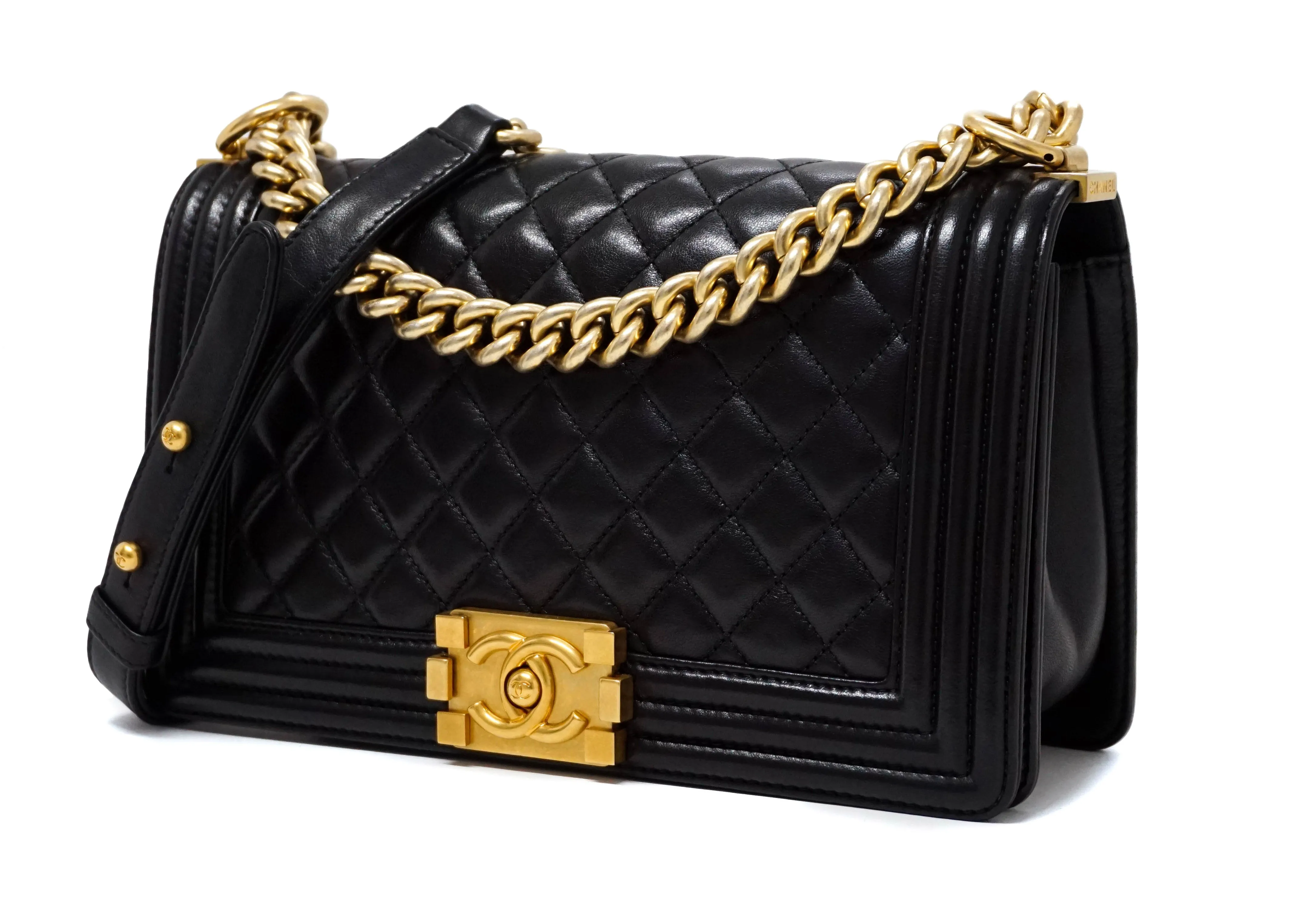 Chanel Black Lambskin Old Medium Boy Bag